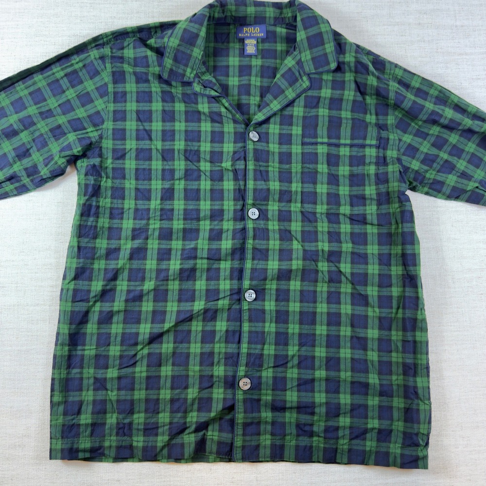 Polo Ralph Lauren Mens Pajama Shirt Medium Green Blue Plaid Sleepwear Top